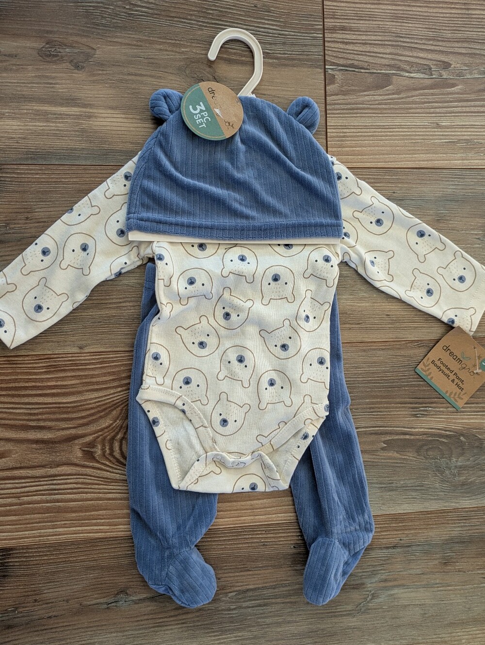 Bear Dreamgro 3 Piece Set Long Sleeve Bodysuit Footed Pants Hat 3-6 Months NWT